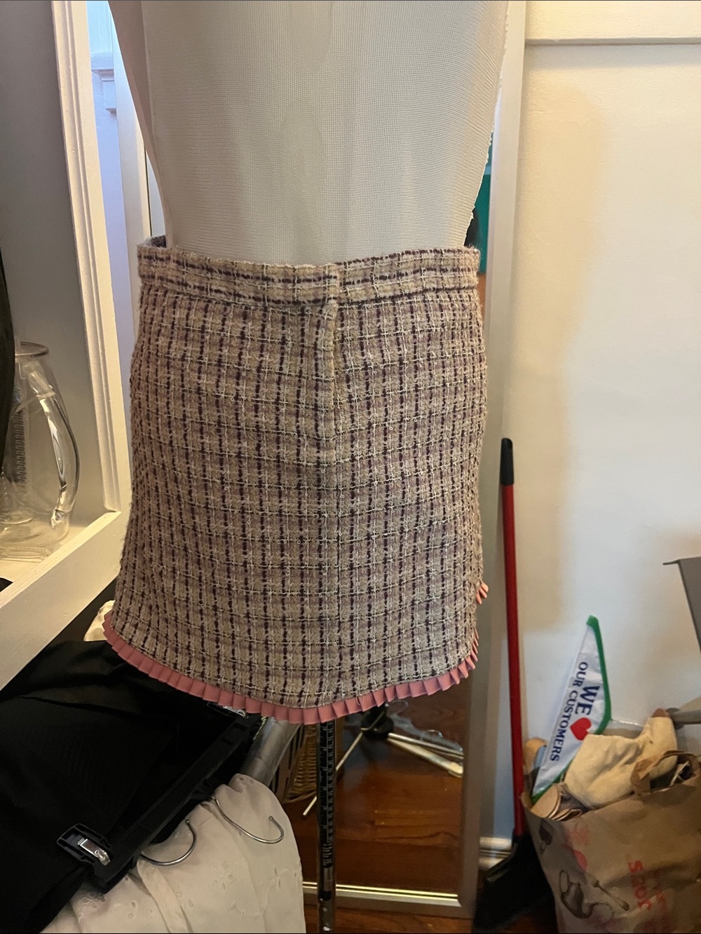 Aqua Plaid Tweed Mini Skirt with Pink Pleat Trim